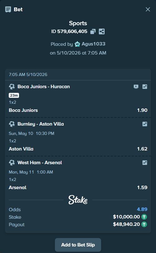 Bet slip: Burnley - Aston Villaocc, $10,000.00 stake at 1.62 odds, placed by Agus1033