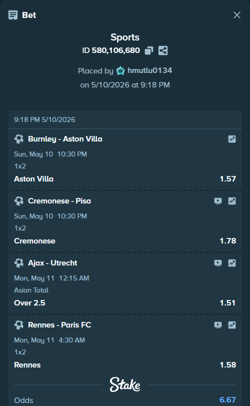 Bet slip: Burnley - Aston Villaocc, $10,000.00 stake at 1.57 odds, placed by hmutlu0134