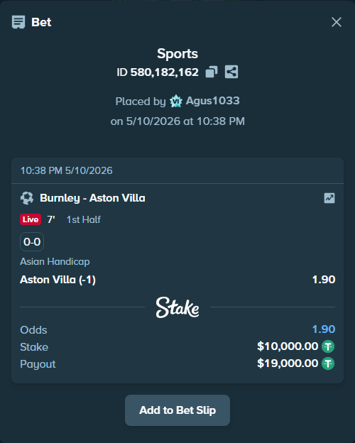 Bet slip: Burnley - Aston Villaocc, $10,000.00 stake at 1.90 odds, placed by Agus1033