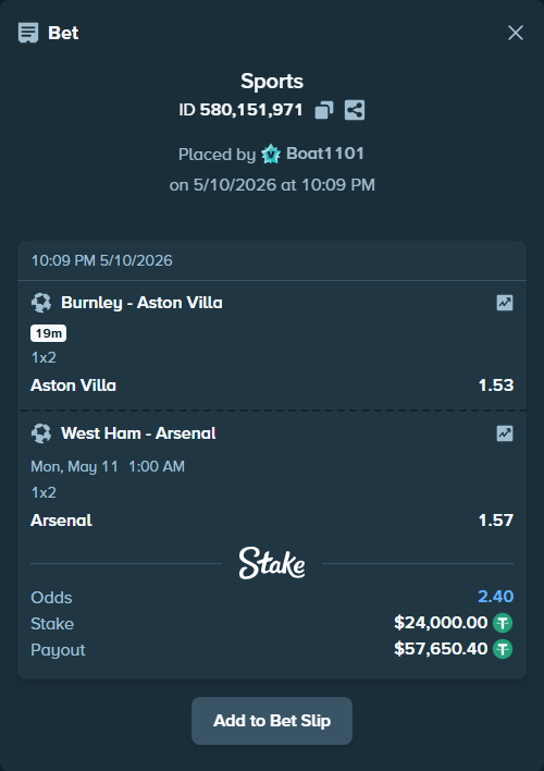 Bet slip: Burnley - Aston Villaocc, $24,000.00 stake at 1.53 odds, placed by Boat1101