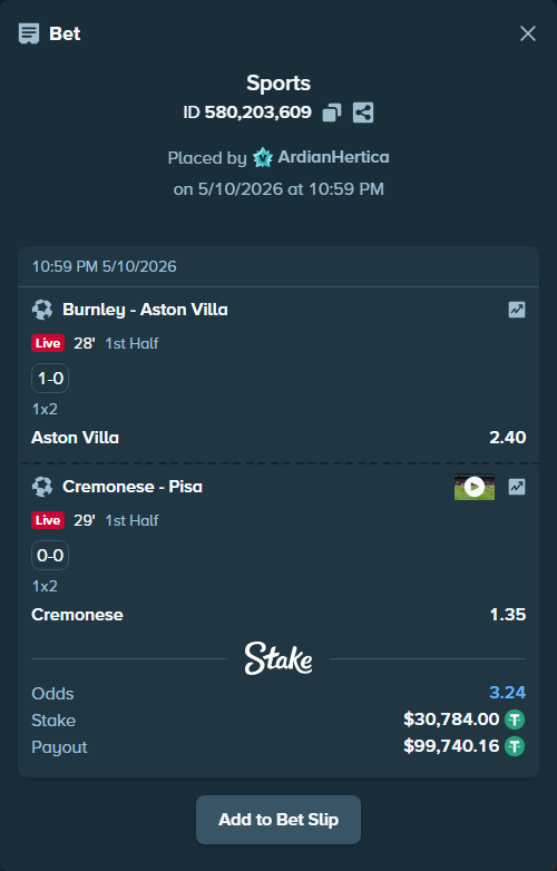 Bet slip: Burnley - Aston Villaocc, $30,784.00 stake at 2.40 odds, placed by ArdianHertica
