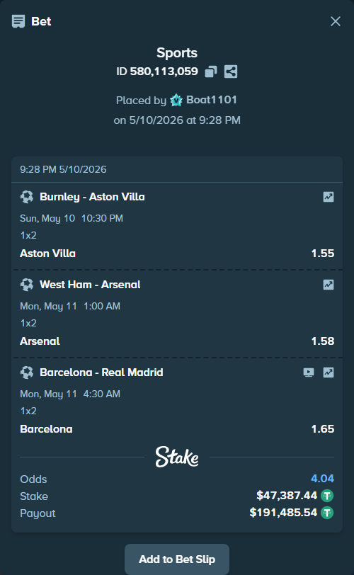 Bet slip: Burnley - Aston Villaocc, $47,387.44 stake at 1.55 odds, placed by Boat1101