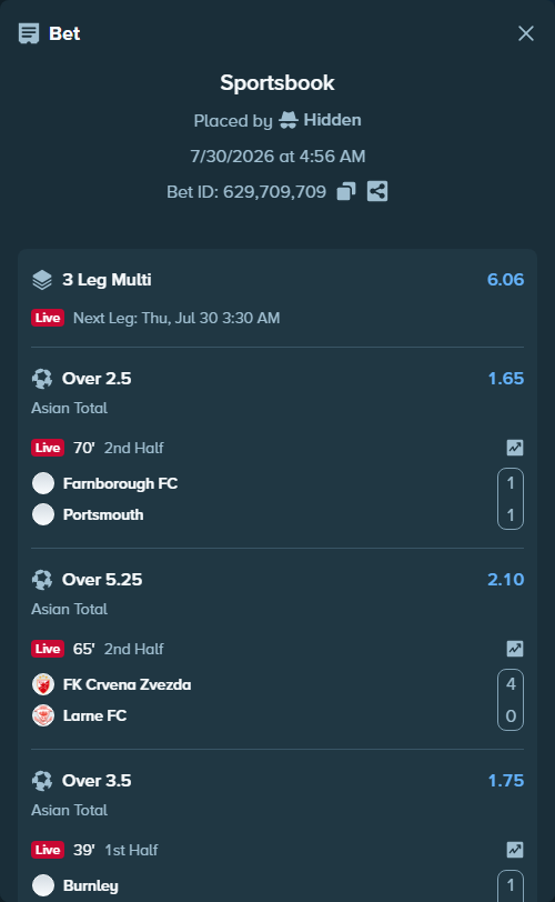 Bet slip: Burnley - Espanyol, $15,267.20 stake at 1.75 odds, placed by Hidden