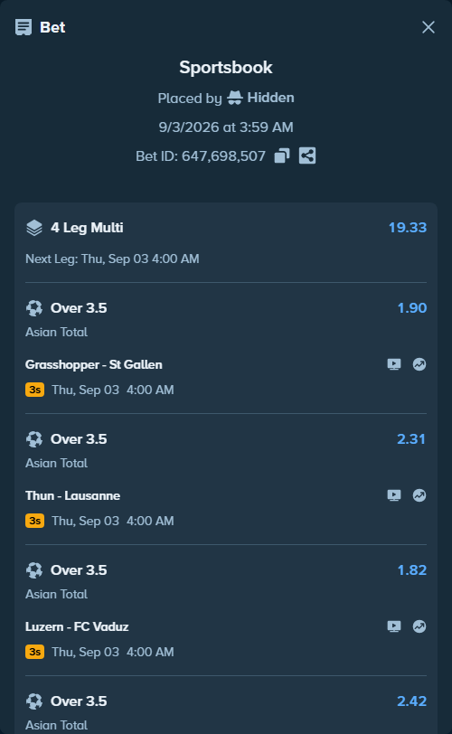 Bet slip: Burnley - Middlesbrough, $26,000.00 stake at 2.42 odds, placed by Hidden