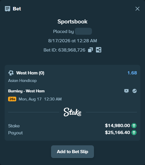 Bet slip: Burnley - West Ham, $14,994.98 stake at 1.68 odds, placed by Othmane2kiks