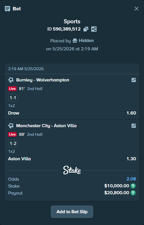 Bet slip: Burnley - Wolverhampton, $10,000.00 stake at 1.60 odds, placed by Hidden
