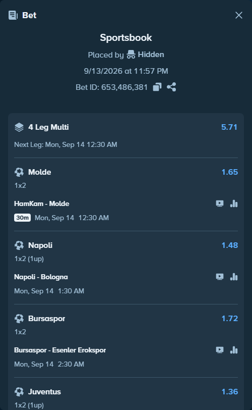 Bet slip: Bursaspor - Esenler Erokspor, $10,006.00 stake at 1.72 odds, placed by Hidden
