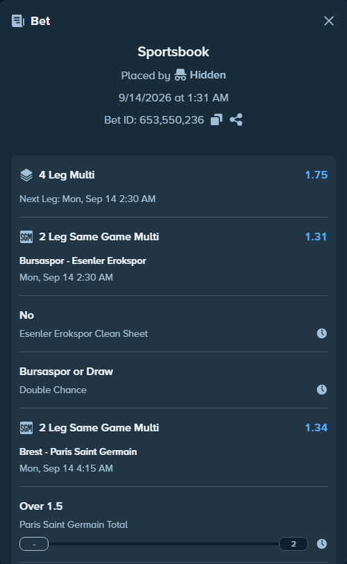 Bet slip: Bursaspor - Esenler Erokspor, $29,913.63 stake at 1.14 odds, placed by Hidden