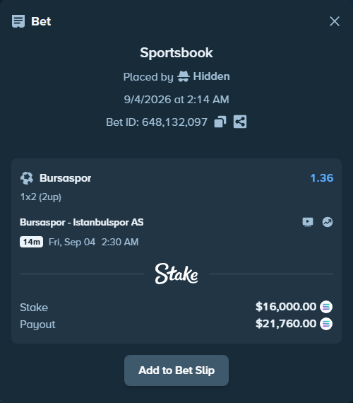 Bet slip: Bursaspor - Istanbulspor AS, $15,988.22 stake at 1.36 odds, placed by Hidden