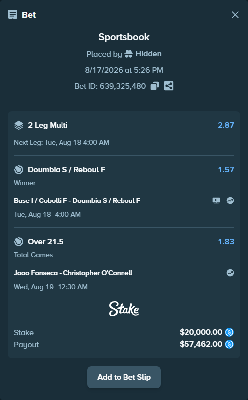 Bet slip: Buse I / Cobolli F - Sadio Doumbia / Fabien Reboul, $20,000.00 stake at 1.57 odds, placed by Hidden