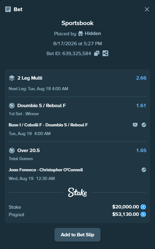 Bet slip: Buse I / Cobolli F - Sadio Doumbia / Fabien Reboul, $20,000.00 stake at 1.61 odds, placed by Hidden
