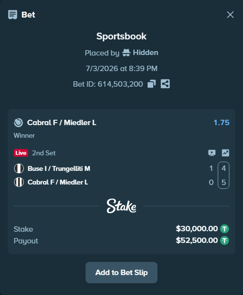 Bet slip: Buse I / Trungelliti M - Cabral F / Miedler L, $30,030.00 stake at 1.75 odds, placed by Hidden