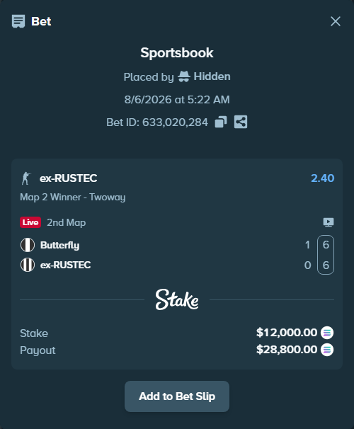 Bet slip: Butterfly - ex-RUSTEC, $11,711.50 stake at 2.40 odds, placed by Hidden