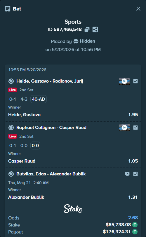 Bet slip: Butvilas, Edas - Alexander Bublik, $65,803.81 stake at 1.31 odds, placed by Hidden