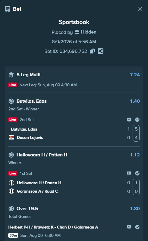 Bet slip: Butvilas, Edas - Dusan Lajovic, $25,025.00 stake at 1.40 odds, placed by Hidden