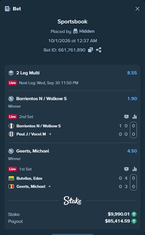 Bet slip: Butvilas, Edas - Geerts, Michael, $10,000.00 stake at 4.50 odds, placed by Hidden
