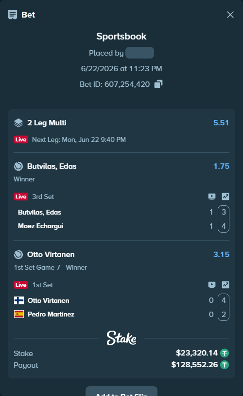 Bet slip: Butvilas, Edas - Moez Echargui, $23,343.46 stake at 1.75 odds, placed by Zubkov1