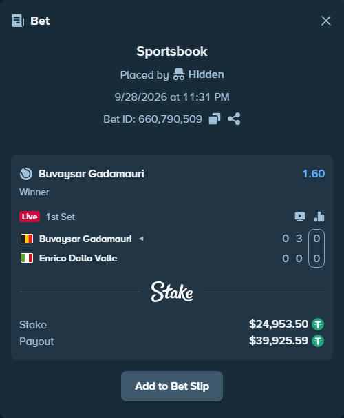 Bet slip: Buvaysar Gadamauri - Enrico Dalla Valle, $24,951.00 stake at 1.60 odds, placed by Hidden