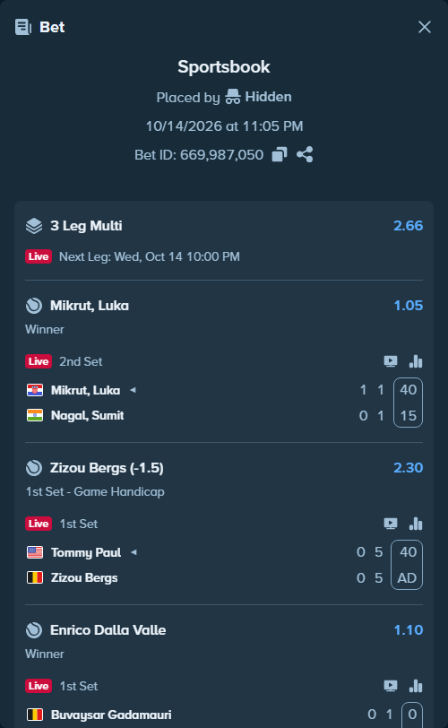 Bet slip: Buvaysar Gadamauri - Enrico Dalla Valle, $25,025.00 stake at 1.10 odds, placed by OVOPhantuums