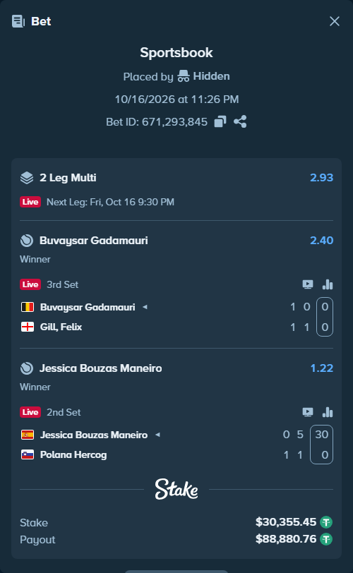 Bet slip: Buvaysar Gadamauri - Gill, Felix, $30,385.81 stake at 2.40 odds, placed by Hidden