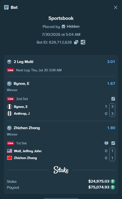 Bet slip: Bynoe, E - Anthrop, J, $25,000.00 stake at 1.67 odds, placed by Hidden