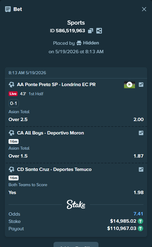 Bet slip: CA All Boys - Deportivo Moron, $15,000.00 stake at 1.87 odds, placed by Hidden