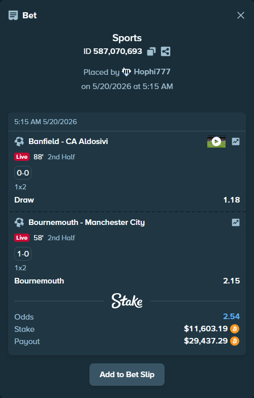 Bet slip: CA Banfield - CA Aldosivi Reserve, $9,696.96 stake at 1.18 odds, placed by Hophi777