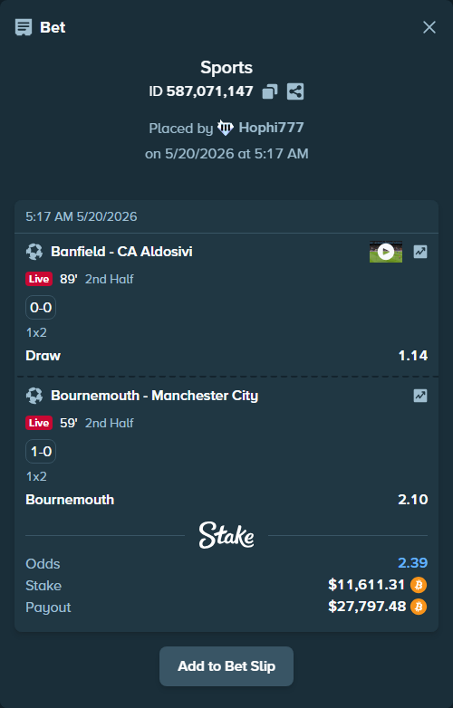 Bet slip: CA Banfield - CA Aldosivi Reserve, $9,703.75 stake at 1.14 odds, placed by Hophi777