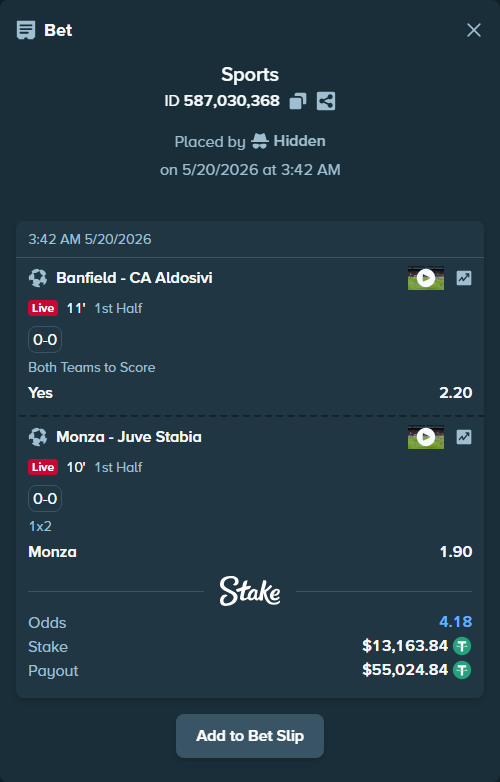 Bet slip: CA Banfield - CA Aldosivi Reserve, $13,177.00 stake at 2.20 odds, placed by Hidden