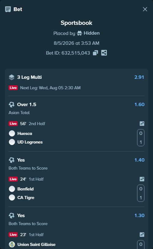 Bet slip: CA Banfield - CA Tigre Reserve, $18,775.07 stake at 1.40 odds, placed by Hidden