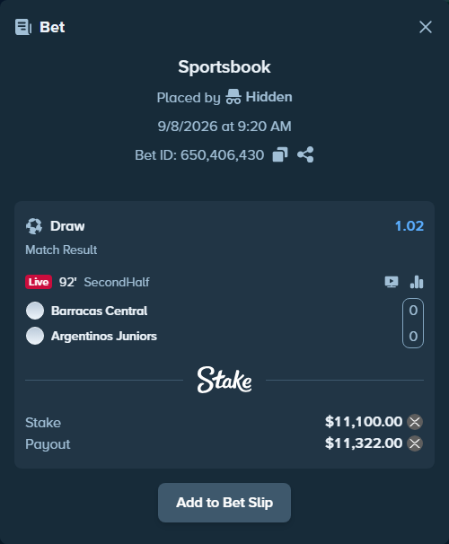 Bet slip: CA Barracas Central - Argentinos Juniors, $11,146.84 stake at 1.02 odds, placed by Hidden