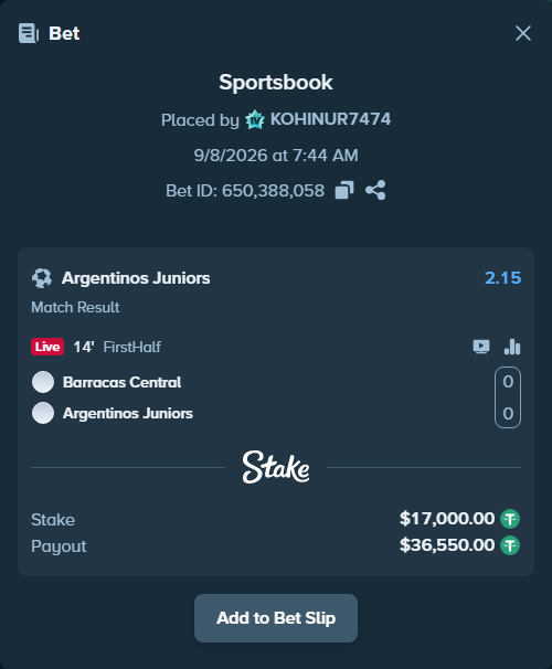 Bet slip: CA Barracas Central - Argentinos Juniors, $17,000.00 stake at 2.15 odds, placed by KOHINUR7474