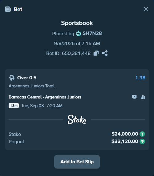 Bet slip: CA Barracas Central - Argentinos Juniors, $24,000.00 stake at 1.38 odds, placed by SH7N28