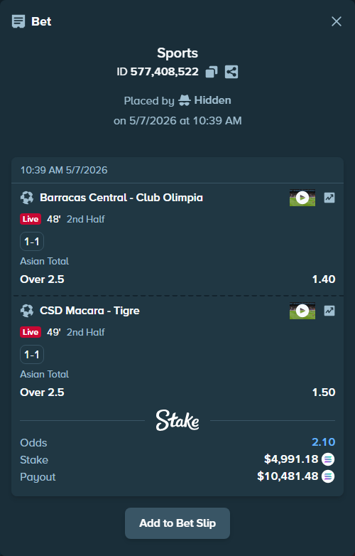 Bet slip: CA Barracas Central - Club Olimpia, $4,153.89 stake at 1.40 odds, placed by Hidden