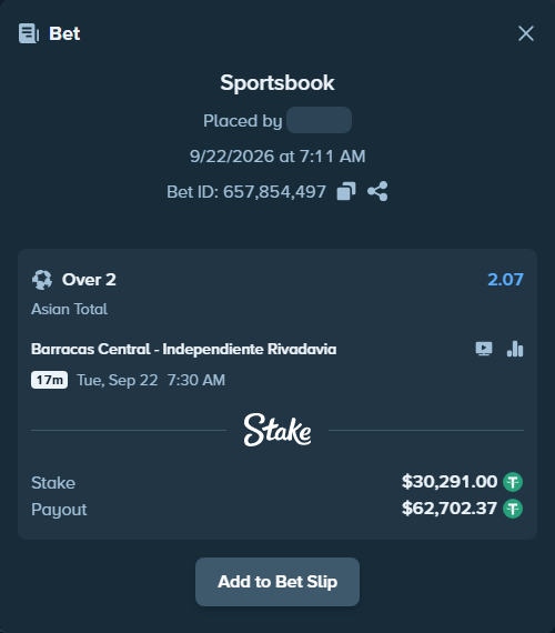 Bet slip: CA Barracas Central - Independiente Rivadavia, $30,291.00 stake at 2.07 odds, placed by tlwns4736
