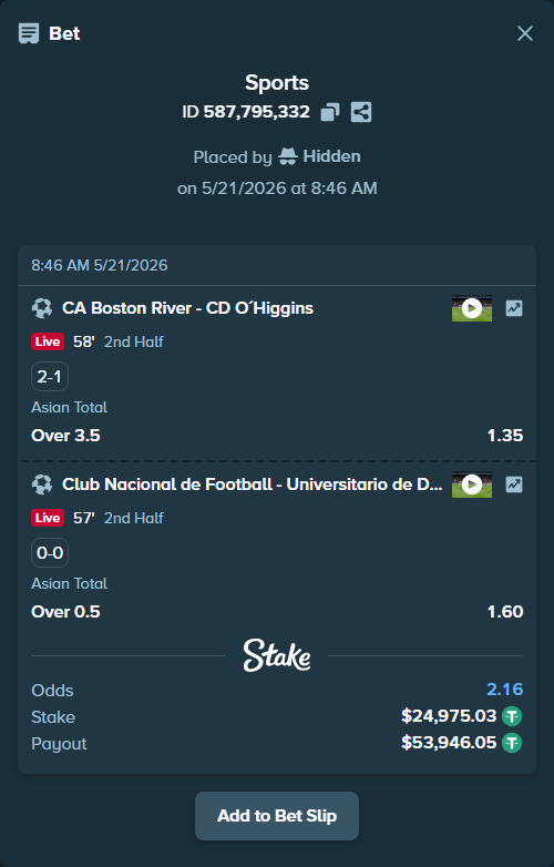 Bet slip: CA Boston River - CD O´Higgins, $25,000.00 stake at 1.35 odds, placed by Hidden