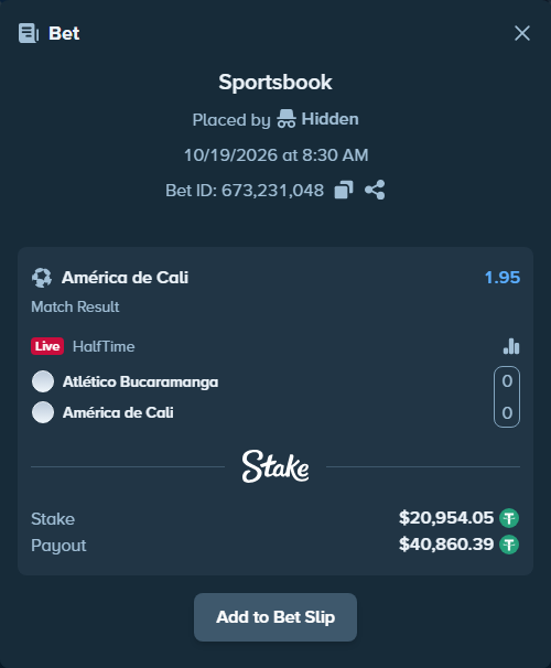 Bet slip: CA Bucaramanga - America de Cali, $20,975.00 stake at 1.95 odds, placed by Reyes32