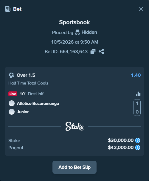 Bet slip: CA Bucaramanga - CD Junior FC, $30,000.00 stake at 1.40 odds, placed by Hidden