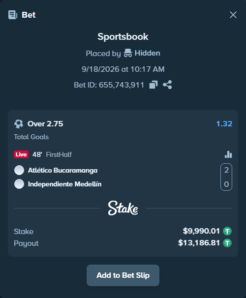 Bet slip: CA Bucaramanga - Independiente Medellin, $10,000.00 stake at 1.32 odds, placed by Hidden