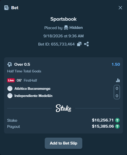 Bet slip: CA Bucaramanga - Independiente Medellin, $10,266.97 stake at 1.50 odds, placed by Hidden