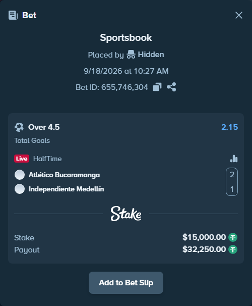 Bet slip: CA Bucaramanga - Independiente Medellin, $15,015.00 stake at 2.15 odds, placed by Hidden