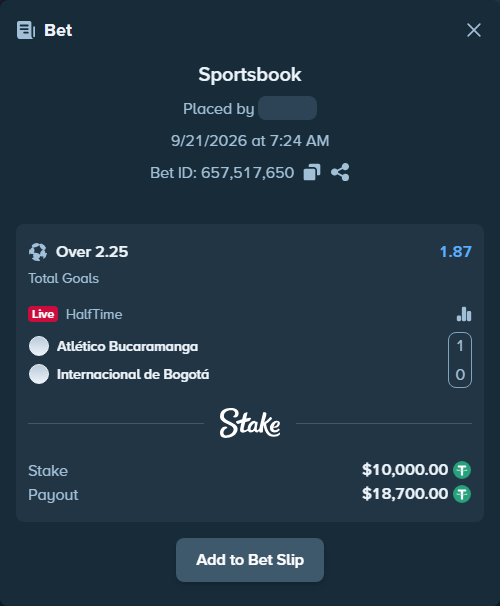Bet slip: CA Bucaramanga - Internacional de Bogota., $10,000.00 stake at 1.87 odds, placed by Reyes32