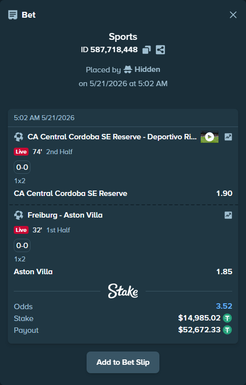 Bet slip: CA Central Cordoba SE Reserve - Deportivo Riestra Afbc Reserve, $15,000.00 stake at 1.90 odds, placed by Hidden