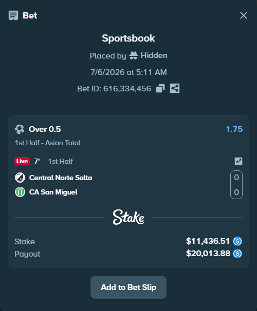 Bet slip: CA Central Norte Salta - CA San Miguel, $11,436.51 stake at 1.75 odds, placed by Hidden