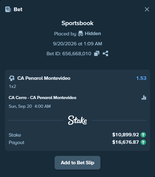 Bet slip: CA Cerro - Penarol, $10,899.92 stake at 1.53 odds, placed by Hidden