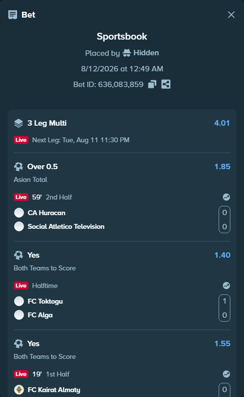 Bet slip: CA Huracan - Social Atletico Television, $12,849.53 stake at 1.85 odds, placed by Hidden