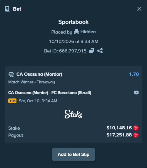 Bet slip: CA Osasuna (Mordor) - FC Barcelona (Strudl), $10,143.21 stake at 1.70 odds, placed by Hidden