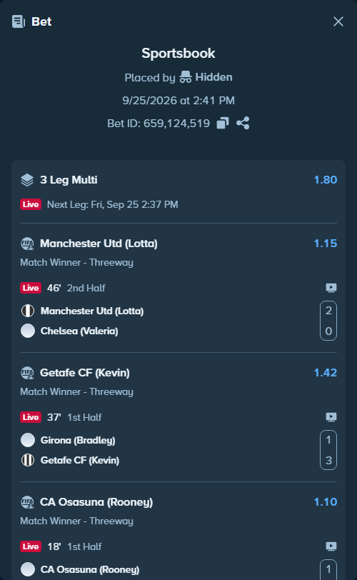 Bet slip: CA Osasuna (Rooney) - RC Celta (Frost), $10,022.00 stake at 1.10 odds, placed by Hidden
