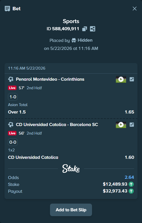 Bet slip: CA Penarol Montevideo - Corinthians, $12,502.42 stake at 1.65 odds, placed by Hidden