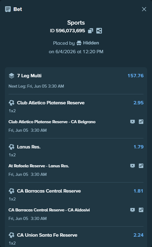 Bet slip: CA Platense - CA Belgrano, $10,010.00 stake at 2.95 odds, placed by Hidden